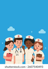 Nurses leading change and shaping the future of healthcare. Illustration of diverse nurse team with stethoscopes and clipboards. International Nurses Day tribute
