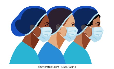 Nurses In Medical Mask And Hat. Multi-ethnic Group Of People Medical Occupation. Doctor, Nurse, Surgeon, Assistant. Staff For People Care, Treatment, Save Of Life. Vector Modern Illustration.