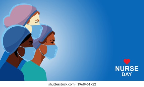 Nurses in medical mask and hat. Nurse day card. Multi-ethnic group of people medical occupation. Doctor, nurse, surgeon, assistant. Staff for people care, treatment, save of life. Modern vector