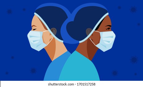 Nurses in medical mask and hat. Virus floating in the air. Medical staff are fighting a viral infection. Vector illustration of a nurse in blue uniform on a blue.