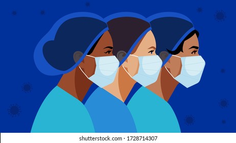 Nurses in medical mask and hat. Virus symbol in the air. Medical staff are fighting a viral infection. Vector illustration of a nurse in blue uniform on a blue.