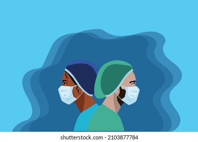 Nurses in medical mask and hat. Virus floating in the air. Medical staff are fighting a viral infection. Vector illustration of a nurse in blue uniform on a blue.