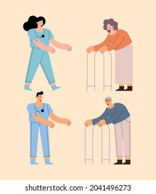nurses and older people set on white background