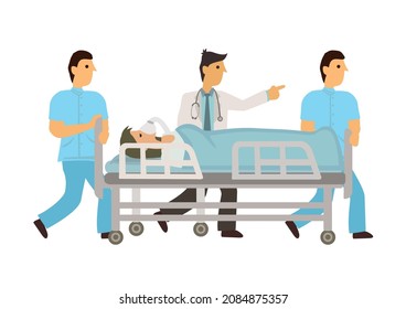 Nurses and Paramedics Push Gurney or Stretcher with Injured Patient to the Operating Room. Professional Staff Saving Lives in Emergency Department. Vector illustration.