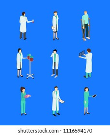 Nurses and Patients Icons Set Isometric View Treatment Clinic Staff and Sick Healthcare Concept on a Blue. Vector illustration of Professional Help