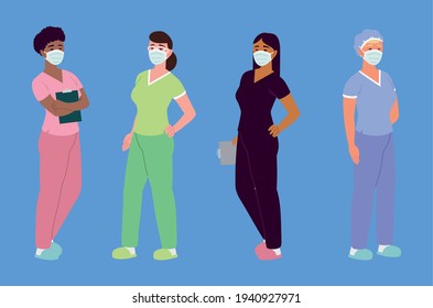 nurses professional cartoon with masks