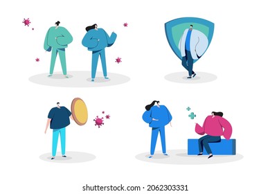 Nurses with protection to virus and illness, front liners protecting others to virus flat illustrations