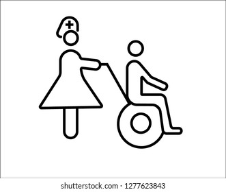 A nurses pushing a wheelchair with a patient line icon for web, mobile and infographics. Vector dark grey icon isolated on light white background. - Vector 