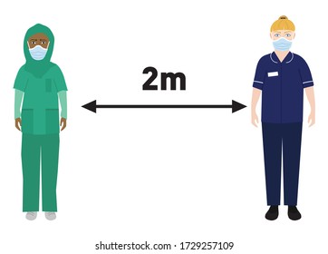 Enfermeras de distanciamiento social a 2 metros de distancia vectorial