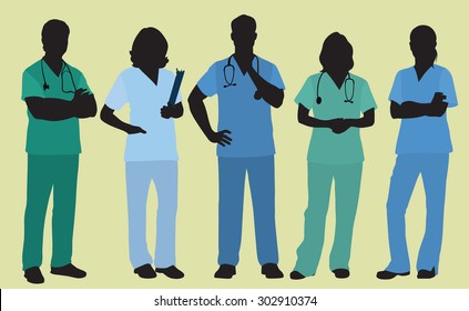 Nurses or Surgeons Wearing Scrubs in Colored Silhouette