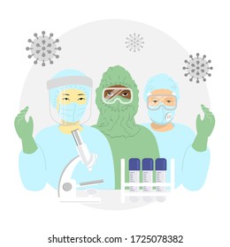 Nurses in surgical N95 respirators and gloves from different ethnic groups with coronavirus, microscope, test tubes. Sisterhood against Covid-19. Thank you doctors and nurses. Vector illustration.