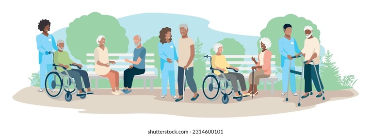 Las enfermeras cuidan a los ancianos en un asilo de ancianos. Hombres y mujeres mayores felices y enfermeras amigables. Gracias enfermeras. Ilustración vectorial en un estilo plano.