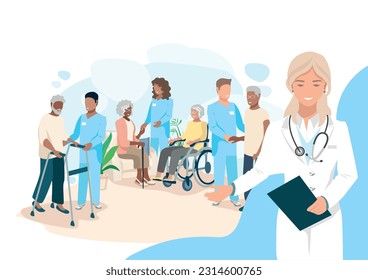Krankenschwestern kümmern sich um ältere Menschen in einem Pflegeheim. Fröhliche ältere Männer und Frauen und freundliche Krankenschwestern. Danke, Krankenschwestern! Vektorgrafik im Flachstil.