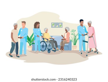 Nurses take care of the elderly in a nursing home. Happy older men and women and friendly nurses. Thanks nurses. Vector illustration in a flat style.