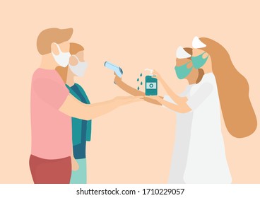 Las enfermeras utilizan termómetros para medir la temperatura y permitir que las personas se laven las manos con alcohol.Ilustración sobre medición de la temperatura y limpieza manual