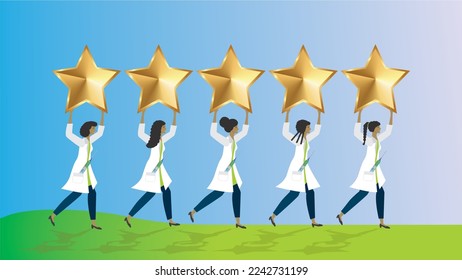 Nurses walking with syringes in their pocket, carrying five gold stars above their head. Dimesion 16:9. Vector illustration.