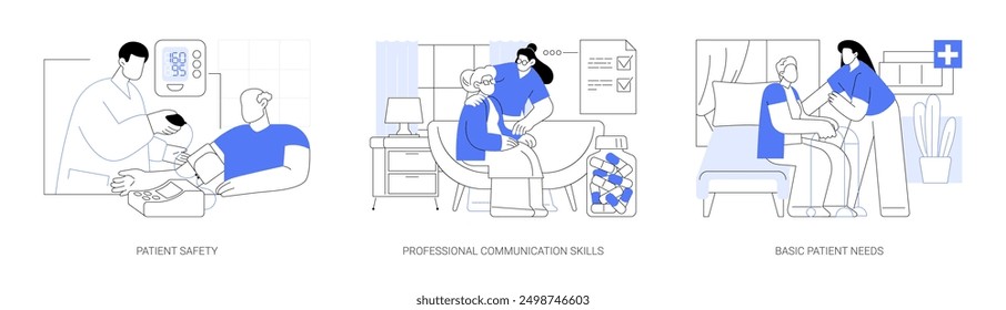 Curso de asistente de enfermería conjunto de Ilustraciones vectoriales de dibujos animados aislados. Estudiante joven que mide la presión arterial, la comunicación profesional, entender con las necesidades básicas, ayuda a caminar dibujos animados de Vector.