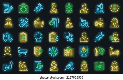 Nursing assistant icons set outline vector. Old people. Care patient vector neon