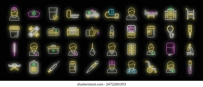 Nursing assistant icons set outline vector. Elder people. Care patient neon color on black