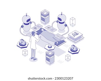 Nursing assistants by robotics technology, contributing to efficiency and effectiveness of healthcare services. Artificial intelligence in healthcare lineal isometric illustration.