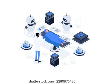 Nursing assistants supported by robotics technology, contributing to the efficiency and effectiveness of healthcare services. Artificial intelligence in healthcare isometric illustration.