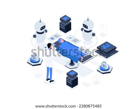 Nursing assistants supported by robotics technology, contributing to the efficiency and effectiveness of healthcare services. Artificial intelligence in healthcare isometric illustration.