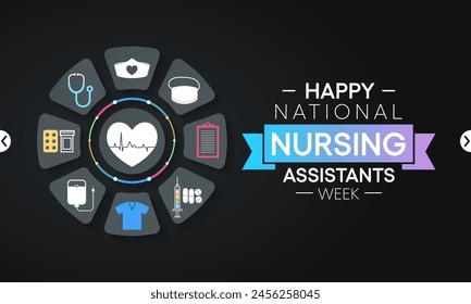 Nursing Assistants week is observed every year in June, The main role of a CNA is to provide basic care to patients and help them with daily activities. vector illustration.