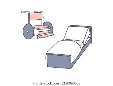 Nursing bed and wheelchair Simple line drawing and flat coloring