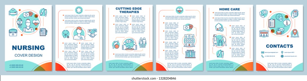 Nursing brochure template layout. Cutting edge therapies. Medical home care. Flyer, leaflet print design, linear illustrations. Hospice care. Vector page layouts for magazines, advertising posters