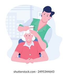 Nursing brushing hair of elderly, flat illustration 