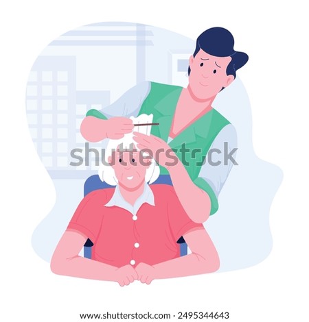 Nursing brushing hair of elderly, flat illustration 