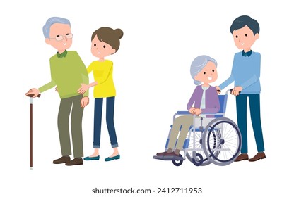 Nursing care and assistance scenes. Vector art that is easy to edit.