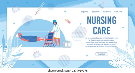 Nursing Care Banner. Nurse Bring Wheelchair to Senior Woman Laying on Couch. Patient Help in Clinic, Retirement Home, Rehabilitation Center. Professional Medical Care Vector Illustration