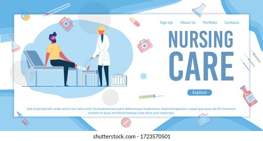 Nursing Care Banner. Woman Nurse Bandage Injured Leg. Man Patient Dressing In Hospital. Professional Medical First Aid Help For Accident Trauma. Postoperative Wound Care Vector Illustration