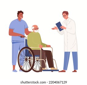 Nursing care of elderly patient. Medical assistance, consultation and treatment by geriatric doctor. Vector characters flat cartoon illustration.