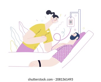 Nursing care -medical insurance illustration - modern flat vector concept digital illustration. A hospital patient in the ward with a dropper, and a nurse giving him remedy