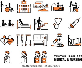 nursing care and medical vector icon set