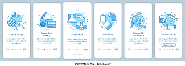 Nursing Care Onboarding Mobile App Page Screen Vector Template. Rehabilitation Center Walkthrough Website Steps. Therapy, Wound Care, Hospice Service. UX, UI, GUI Smartphone Interface Concept