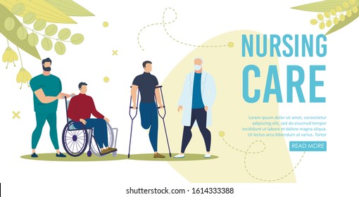 Nursing Care Service for Disabled People Trendy Flat Vector Web Banner, Landing Page Template. Nurse Carrying Disabled Man on Wheelchair, Injured Guy Standing on Crutches, Clinic Doctor Illustration
