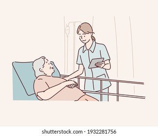 Nursing carer cares for a senior patient in nursing care. Hand drawn style vector design illustrations.