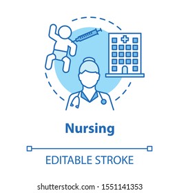 Nursing Concept Icon. Child Medical Care Idea Thin Line Illustration. Doctor, Nurse, Pediatrician. Baby Healthcare, Hospital, Vaccination. Vector Isolated Outline Drawing. Editable Stroke