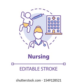 Nursing concept icon. Doctor idea thin line illustration. Nurse, pediatrician. Baby, hospital, vaccination. Child medical care, healthcare. Vector isolated outline drawing. Editable stroke