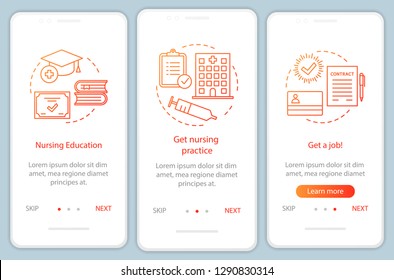 Nursing education onboarding mobile app page screen vector template. Become caregiver walkthrough website steps with linear illustrations. Getting carer, nurse job. UX, UI, GUI smartphone interface