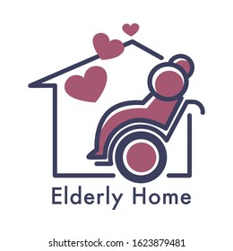 Icono aislado de enfermería o hogar de ancianos, vector de cuidado de personas mayores. Jubilación y pensión, cuidado de los ancianos, persona en silla de ruedas y símbolo de la casa. emblema o logotipo del servicio de asistencia médica