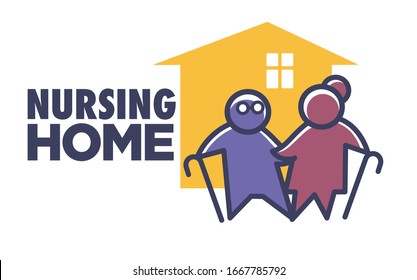 Nursing or elderly home isolated icon, senior people care vector. Retirement and pension, old men caring, grandparents with canes and house. Medical support and healthcare service emblem or logo