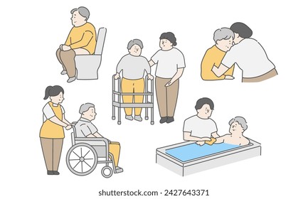 Nursing facility nursing care site illustration set (bathing, transfer, excretion)