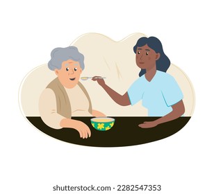 Nursing and feeding elderly person. Care, support for aged senior people concept. Caregiver volunteering, helping old woman eat with spoon. Flat vector illustration isolated on white background stock