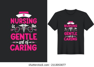 Nursing is Gentle art of Caring greeting card template with hand-drawn lettering and simple illustration for card