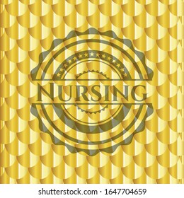 Nursing gold emblem or badge. Scales pattern. Vector Illustration. Detailed.