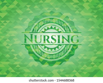 Nursing green emblem with triangle mosaic background. Vector Illustration. Detailed.